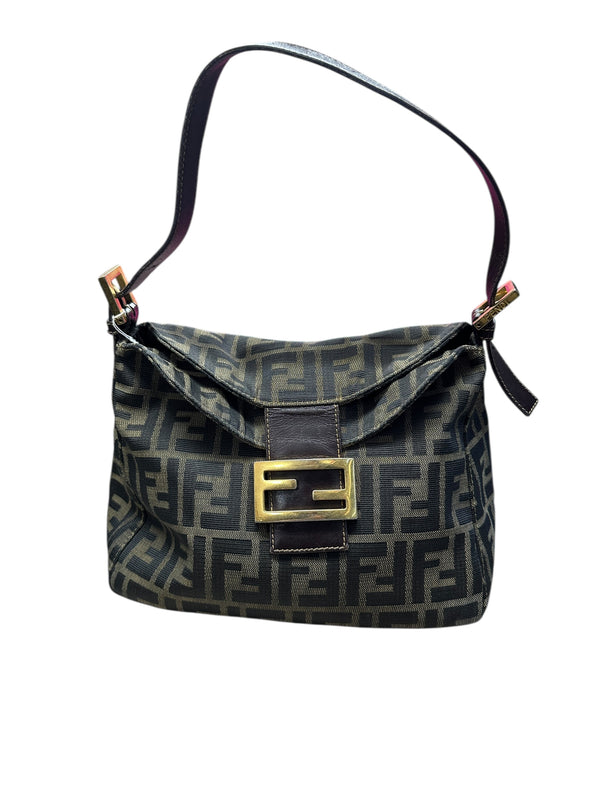 FENDI Zucca Shoulder Bag Brown/Black Gold Hardware FE364