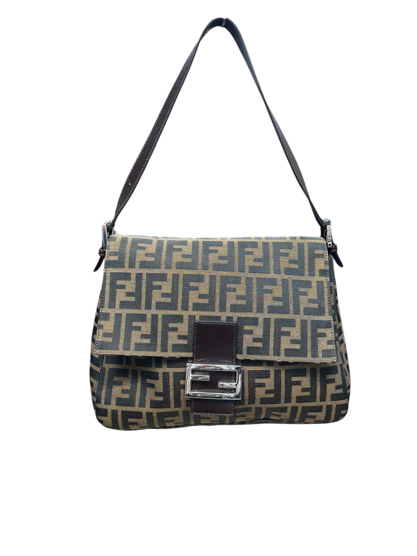 FENDI Zucca Mama Baguette Shoulder Bag Brown Silver Hardware FE367