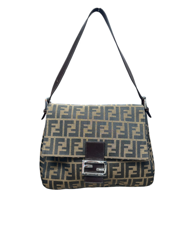 FENDI Zucca Mama Baguette Shoulder Bag Brown Silver Hardware FE367