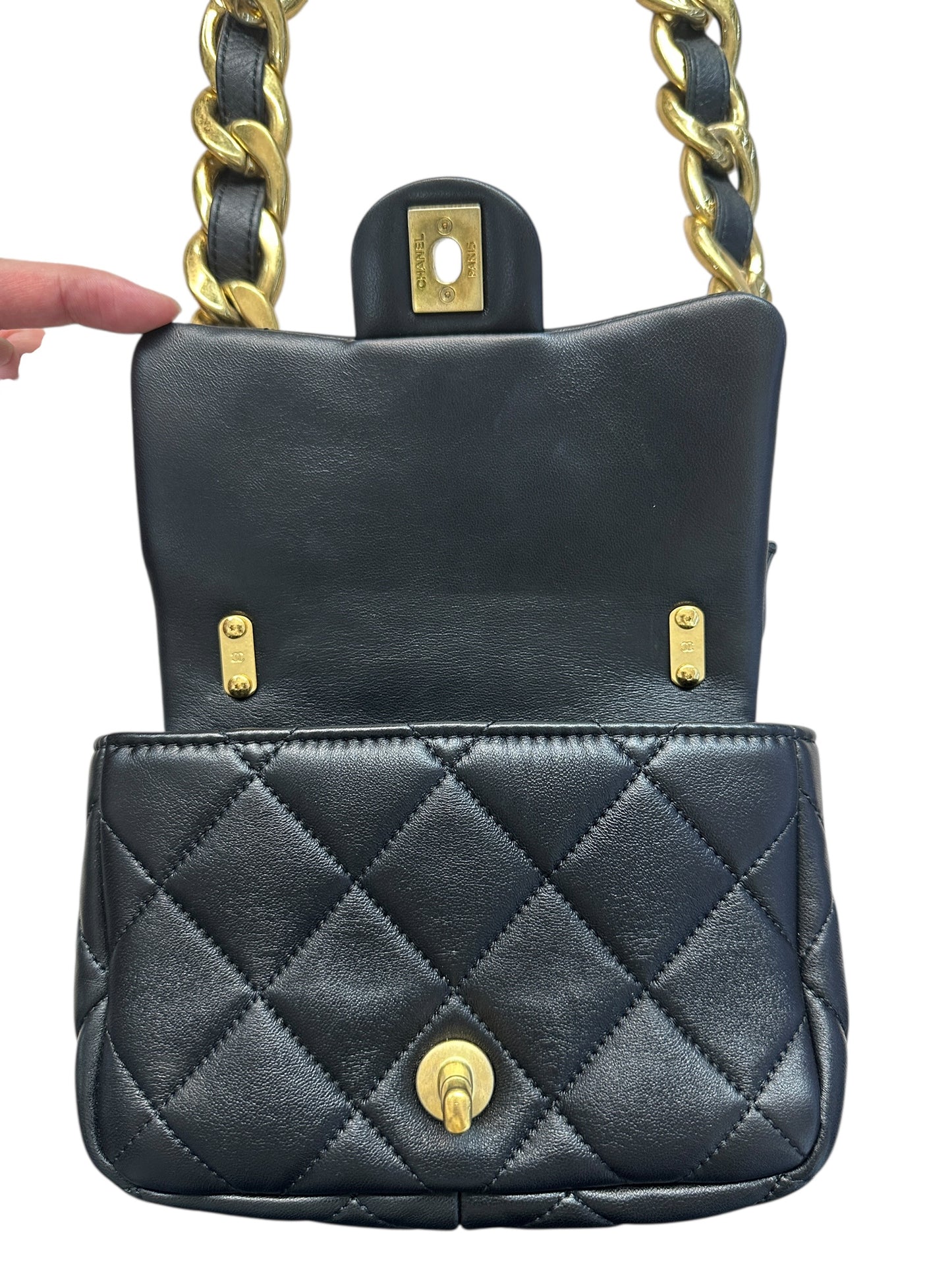 CHANEL Lambskin Quilted Mini Flap Bag Black Gold Hardware CH2122