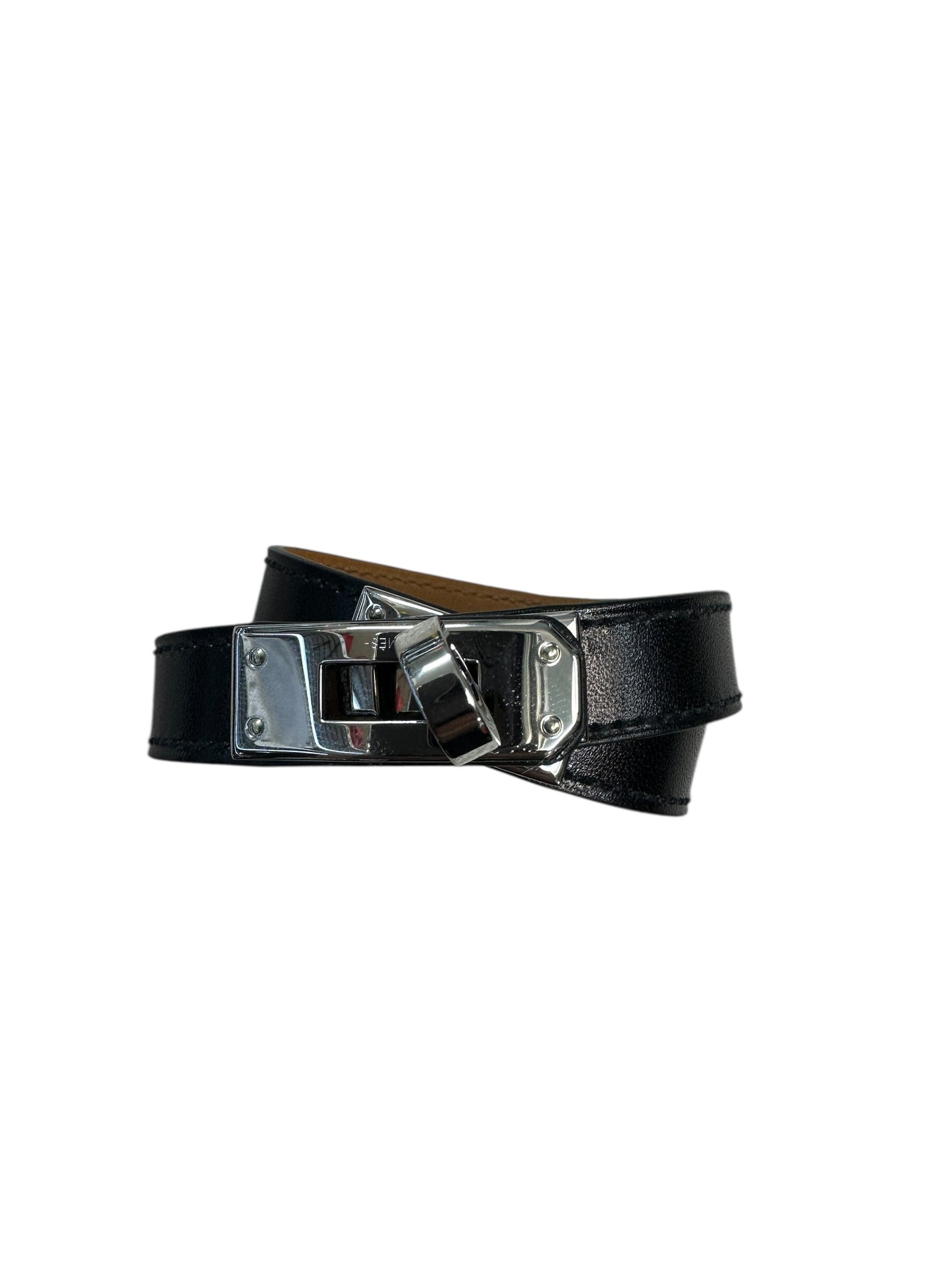 HERMES Leather Kelly Double Tour Bracelet Black Silver Hardware HE444