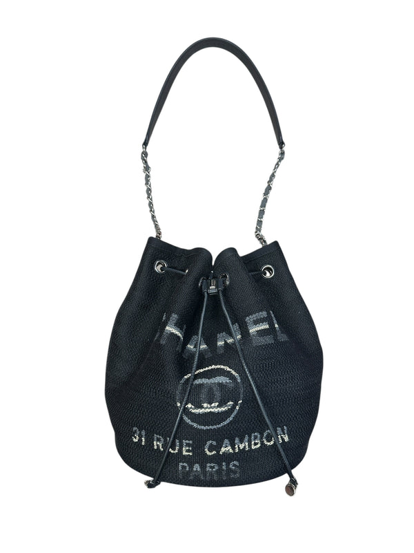 CHANEL Deauville Drawstring Bucket Bag Black Silver Hardware CH2123