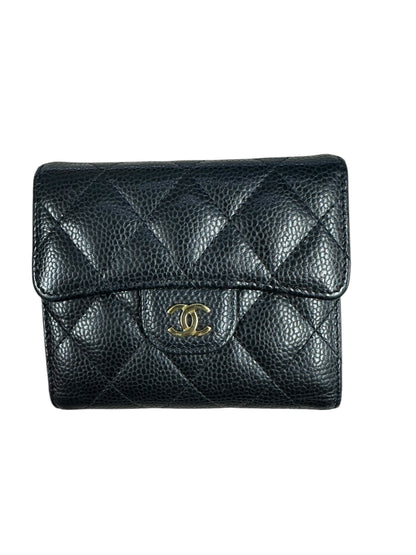 CHANEL Caviar Quilted Compact Wallet Black Gold Hardware CH2125