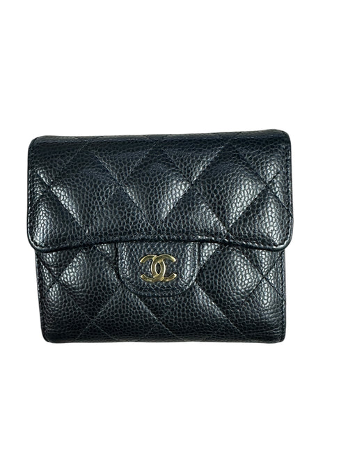 CHANEL Caviar Quilted Compact Wallet Black Gold Hardware CH2125