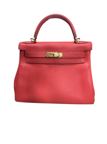 HERMES Togo Leather Kelly Handbag Red Gold Hardware HE427