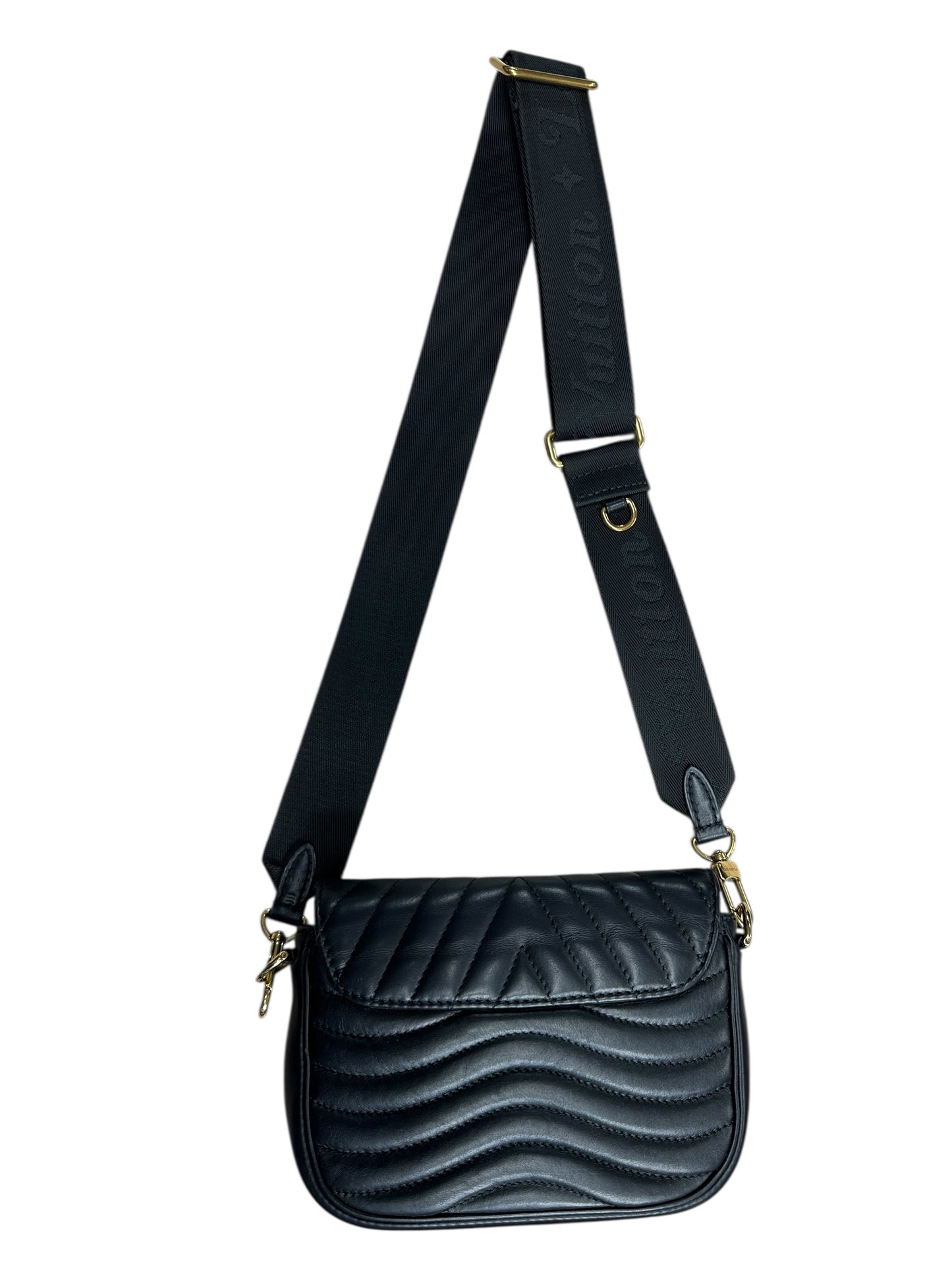 LOUIS VUITTON Quilted Leather New Wave Crossbody Bag Black Gold Hardware LO2293
