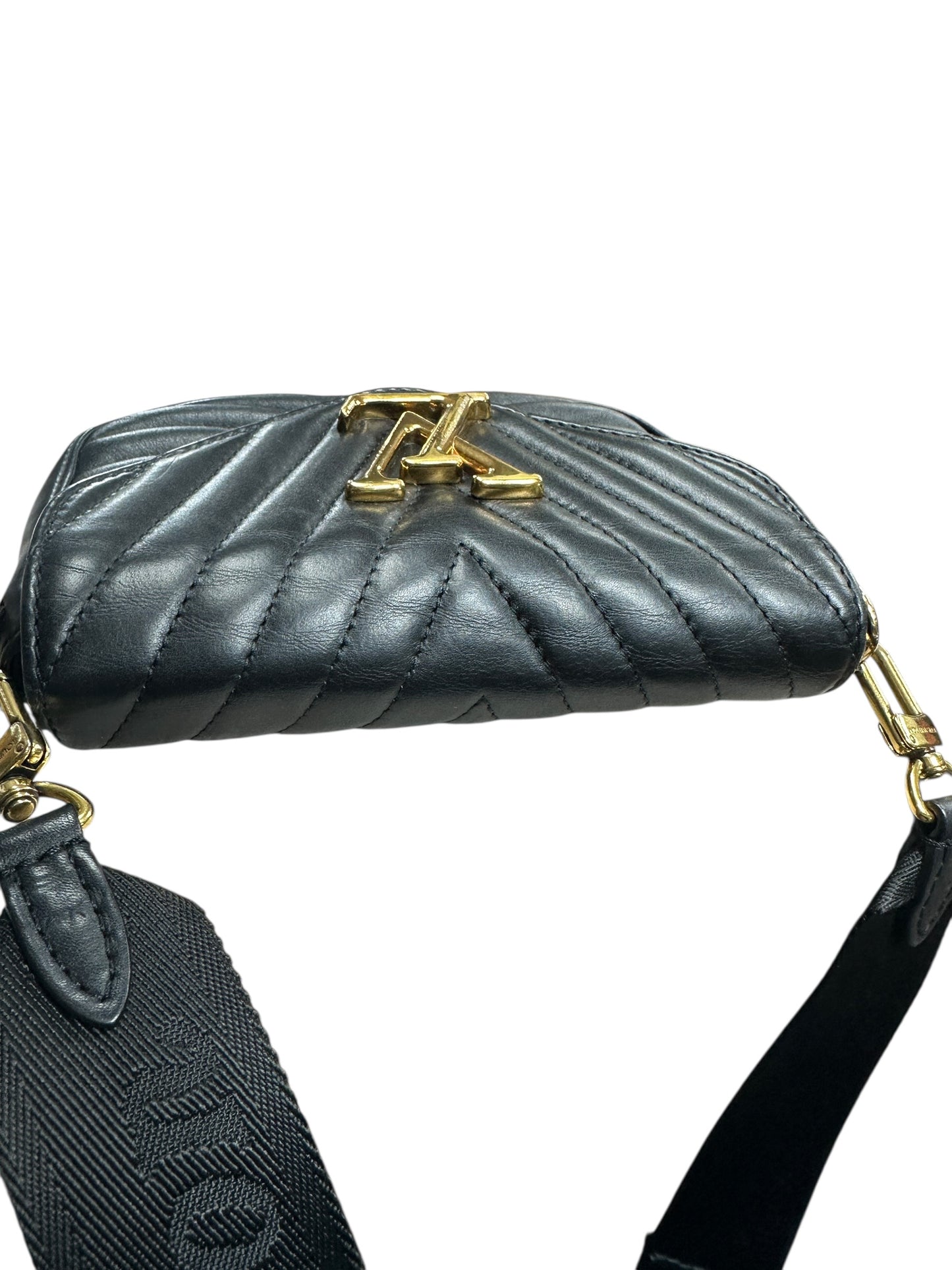 LOUIS VUITTON Quilted Leather New Wave Crossbody Bag Black Gold Hardware LO2293