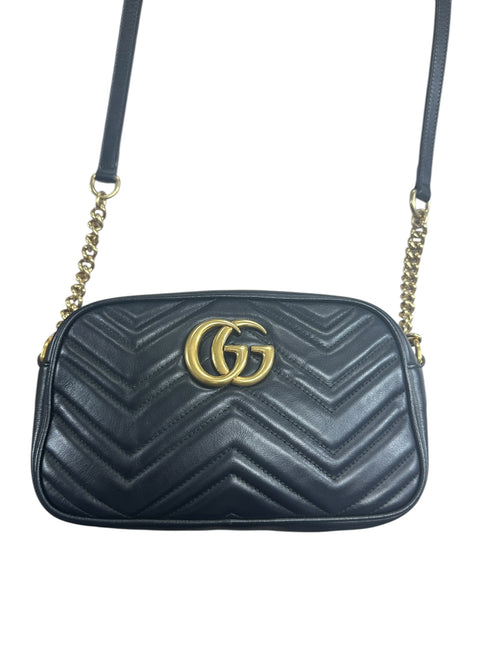 GUCCI Matelassé Leather GG Marmont Crossbody Bag Black Gold Hardware GU574