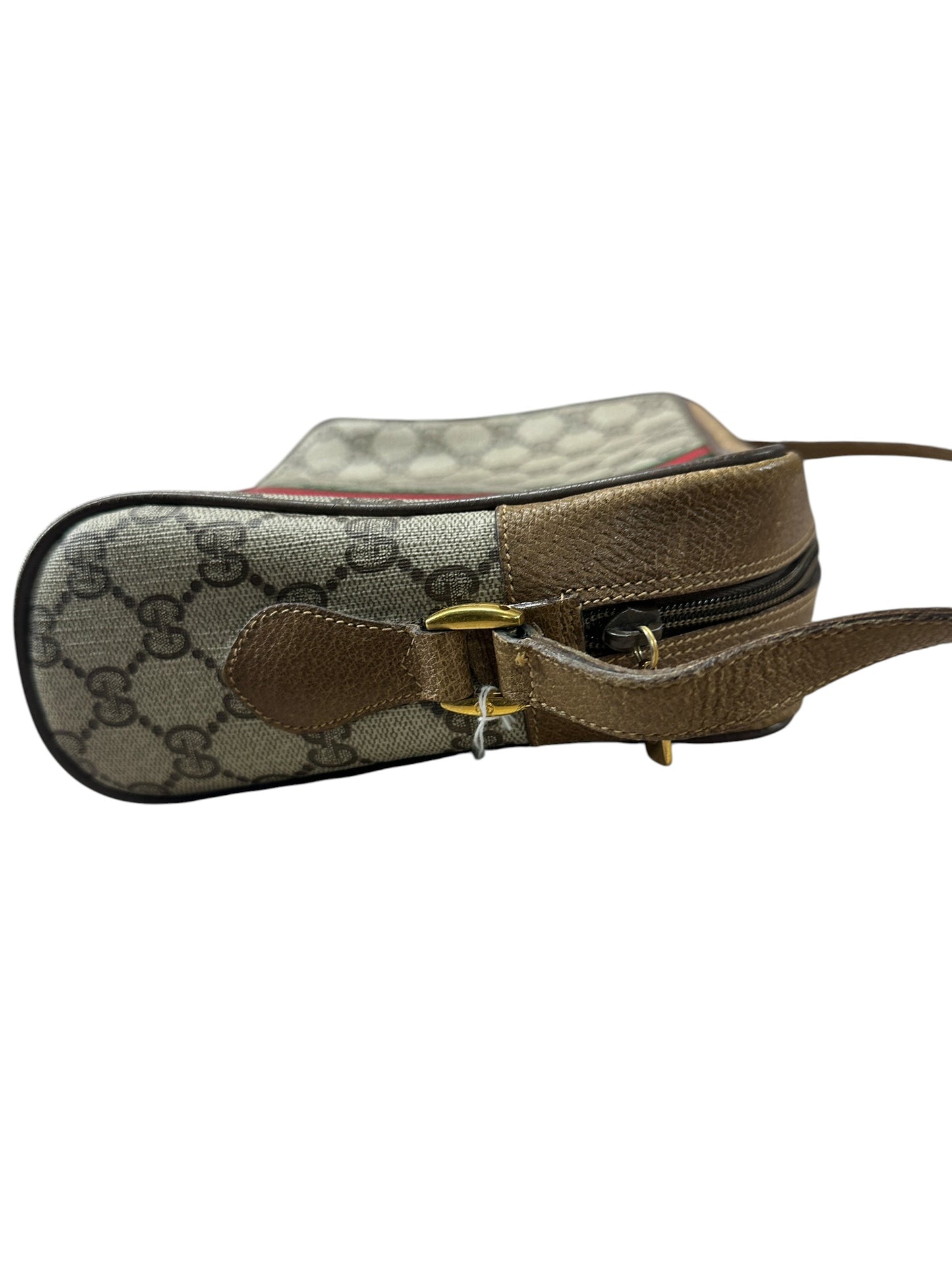GUCCI GG Supreme Web Stripe Crossbody Bag Beige/Brown Gold Hardware GU576