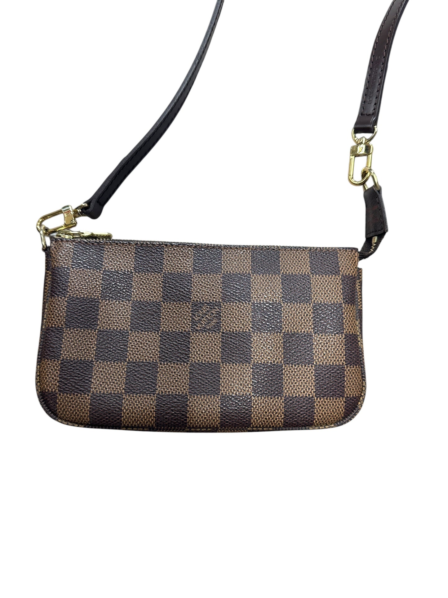 LOUIS VUITTON Damier Ebene Pochette Accessoires Wristlet Brown Gold Hardware LO2314