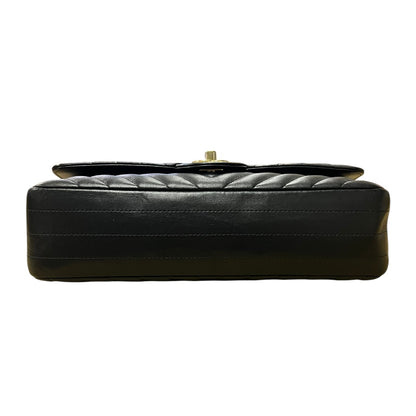 CHANEL Chevron Lambskin Classic Double Flap Shoulder Bag Black Gold Hardware CH2126