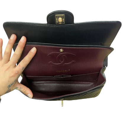 CHANEL Chevron Lambskin Classic Double Flap Shoulder Bag Black Gold Hardware CH2126