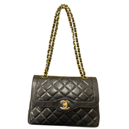 CHANEL Quilted Lambskin Paris Limited Double Flap Shoulder Bag Black Gold Hardware CH2127