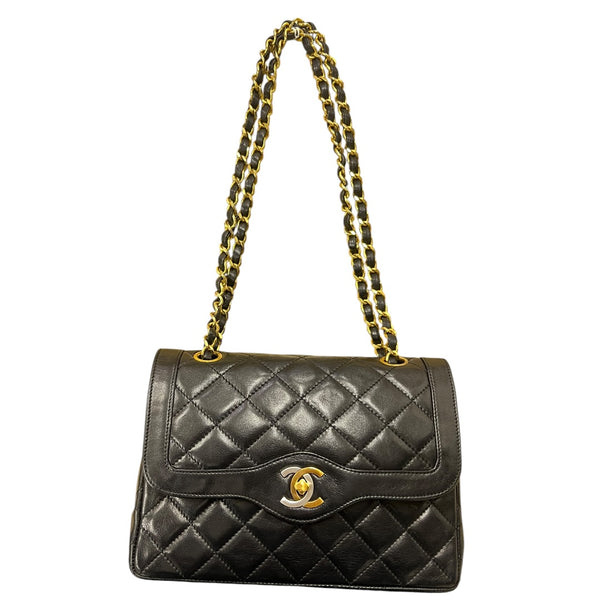 CHANEL Quilted Lambskin Paris Limited Double Flap Shoulder Bag Black Gold Hardware CH2127