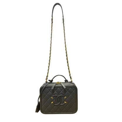 CHANEL Caviar CC Filigree Vanity Case Shoulder Bag Black Gold Hardware CH2128