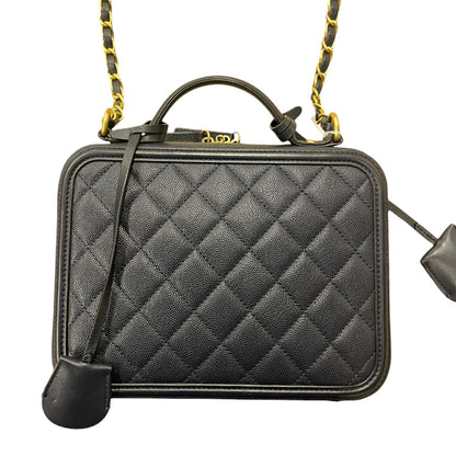 CHANEL Caviar CC Filigree Vanity Case Shoulder Bag Black Gold Hardware CH2128