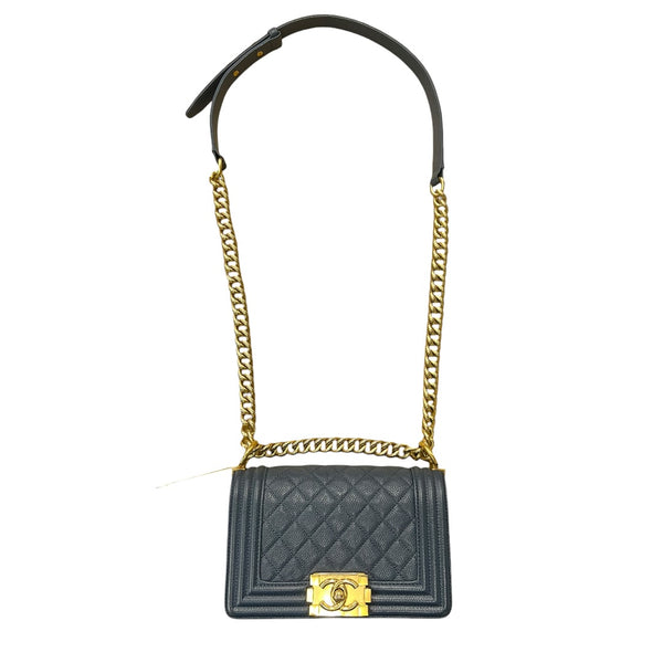 CHANEL Caviar Quilted Small Boy Shoulder Bag Black Gold Hardware CH2133