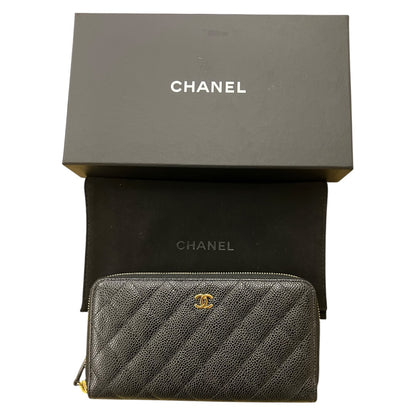 CHANEL Caviar Quilted Zip Around Long Wallet Black Gold Hardware CH2131