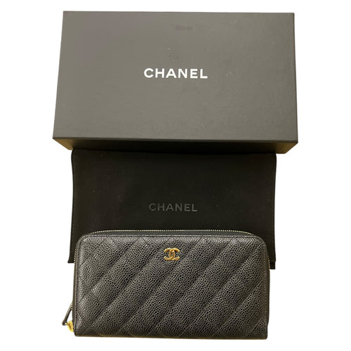 CHANEL Caviar Quilted Zip Around Long Wallet Black Gold Hardware CH2131