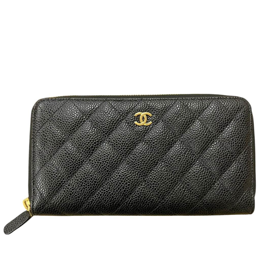 CHANEL Caviar Quilted Zip Around Long Wallet Black Gold Hardware CH2131