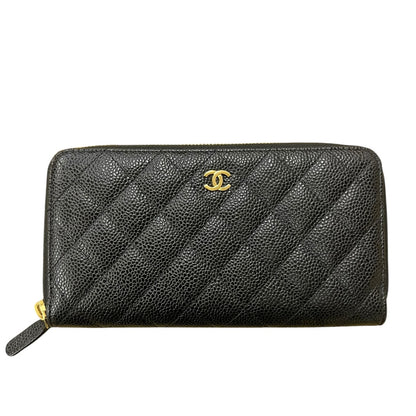 CHANEL Caviar Quilted Zip Around Long Wallet Black Gold Hardware CH2131