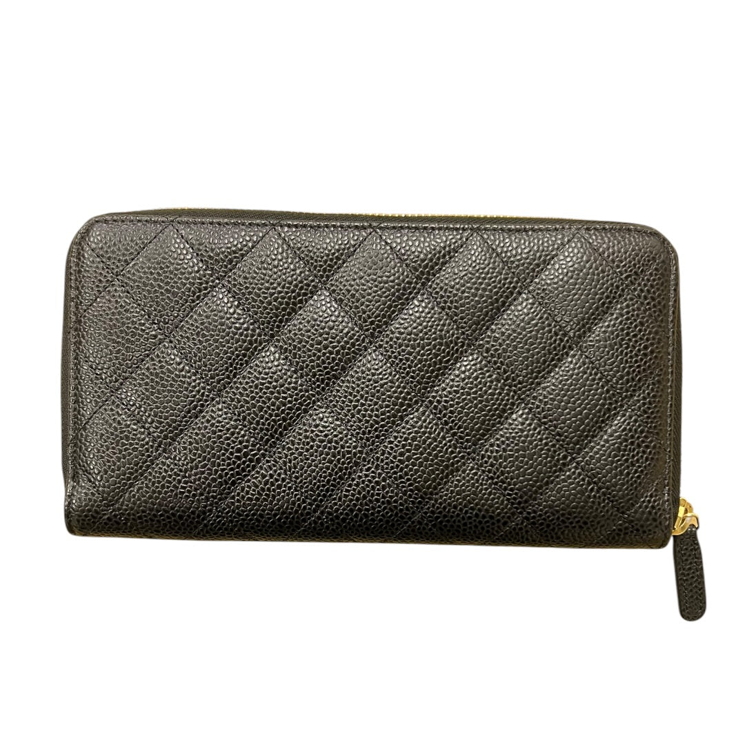 CHANEL Caviar Quilted Zip Around Long Wallet Black Gold Hardware CH2131