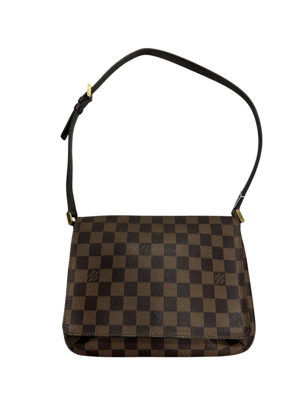 LOUIS VUITTON Damier Ebene Musette Tango Shoulder Bag Brown Gold Hardware LO2329
