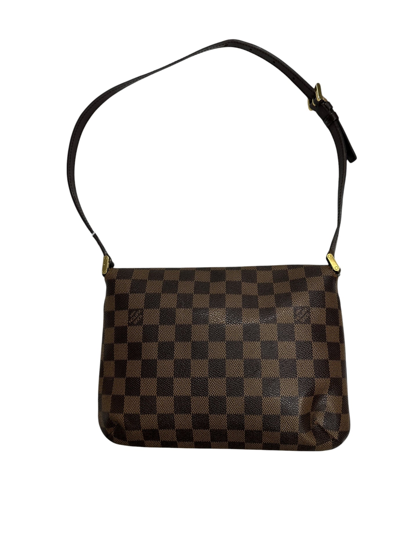 LOUIS VUITTON Damier Ebene Musette Tango Shoulder Bag Brown Gold Hardware LO2329