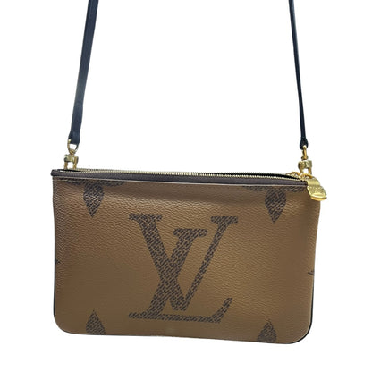 LOUIS VUITTON Monogram Reverse Double Zip Pochette Crossbody Pouch Brown Gold Hardware LO2340