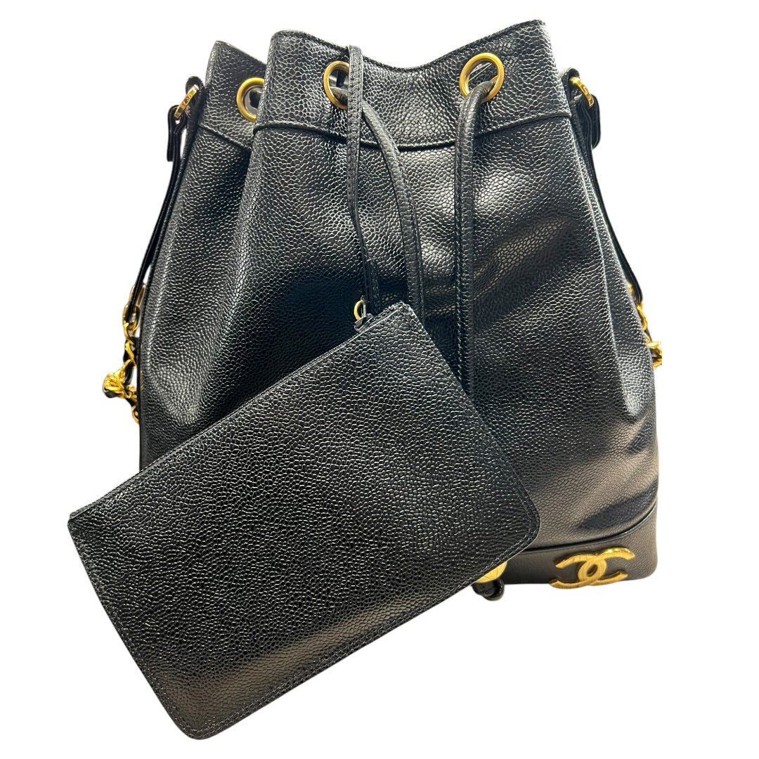 CHANEL Caviar Vintage Bucket Drawstring Shoulder Bag Black Gold Hardware CH2139