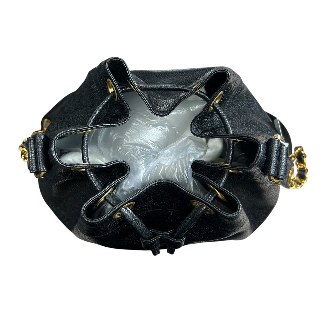 CHANEL Caviar Vintage Bucket Drawstring Shoulder Bag Black Gold Hardware CH2139