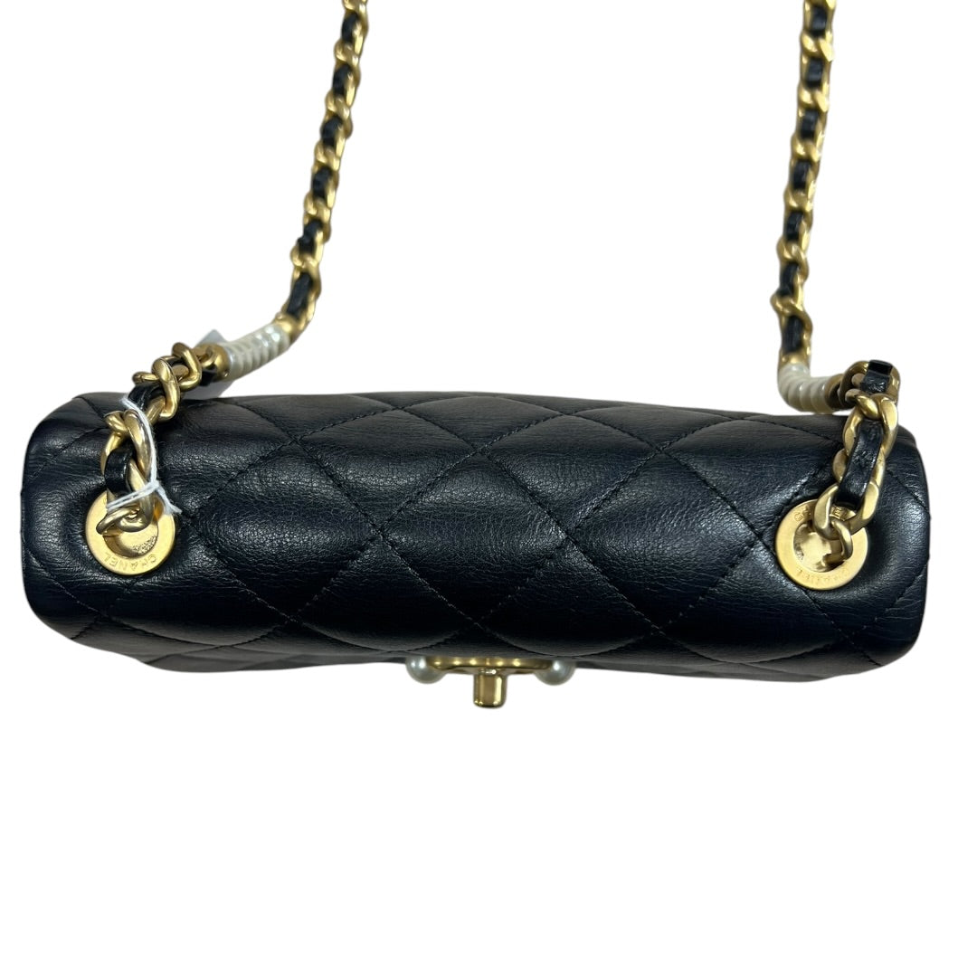 CHANEL Lambskin Mini Flap Bag with Pearl Chain Black Gold Hardware CH2135