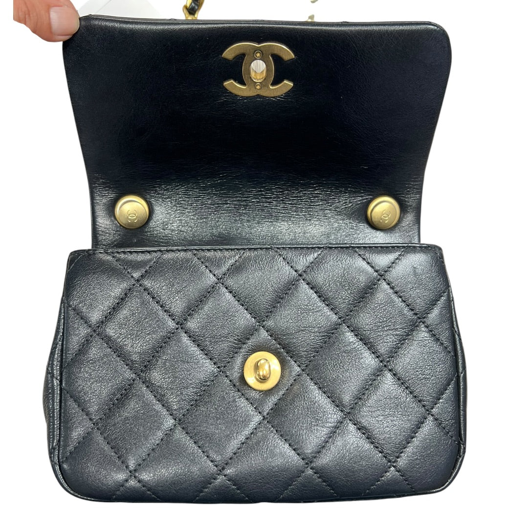 CHANEL Lambskin Mini Flap Bag with Pearl Chain Black Gold Hardware CH2135