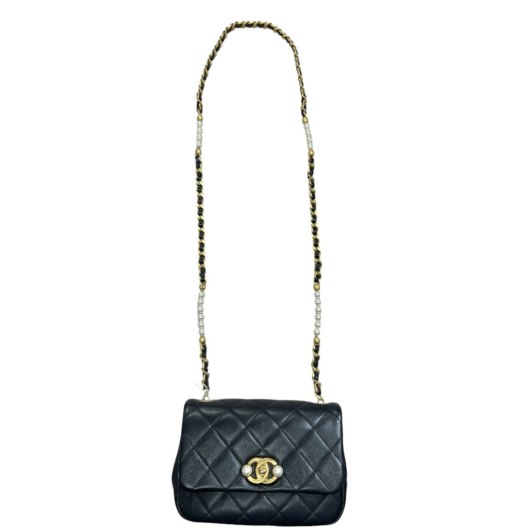 CHANEL Lambskin Mini Flap Bag with Pearl Chain Black Gold Hardware CH2135