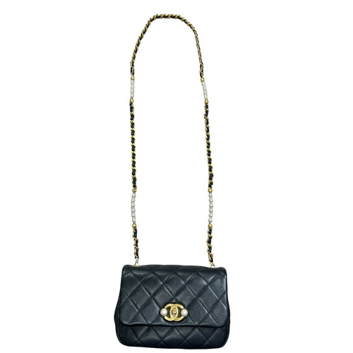CHANEL Lambskin Mini Flap Bag with Pearl Chain Black Gold Hardware CH2135