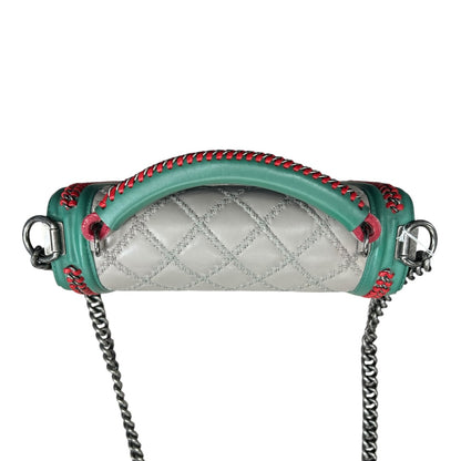 CHANEL Boy Bag Old Medium Tricolor Quilted Lambskin Grey Turquoise Silver Hardware CH2138