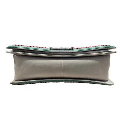 CHANEL Boy Bag Old Medium Tricolor Quilted Lambskin Grey Turquoise Silver Hardware CH2138