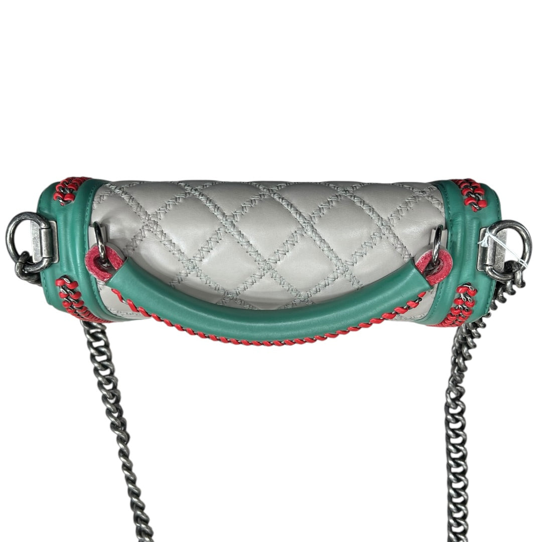 CHANEL Boy Bag Old Medium Tricolor Quilted Lambskin Grey Turquoise Silver Hardware CH2138