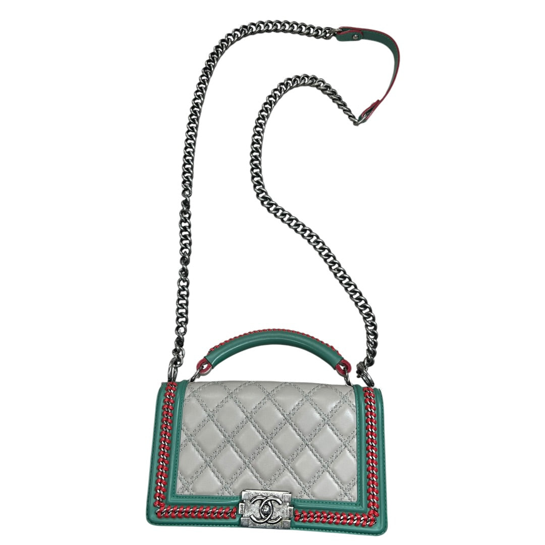 CHANEL Boy Bag Old Medium Tricolor Quilted Lambskin Grey Turquoise Silver Hardware CH2138