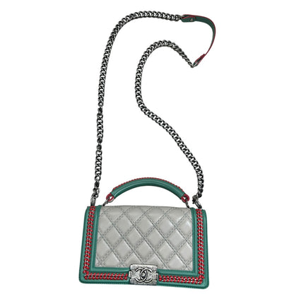 CHANEL Boy Bag Old Medium Tricolor Quilted Lambskin Grey Turquoise Silver Hardware CH2138