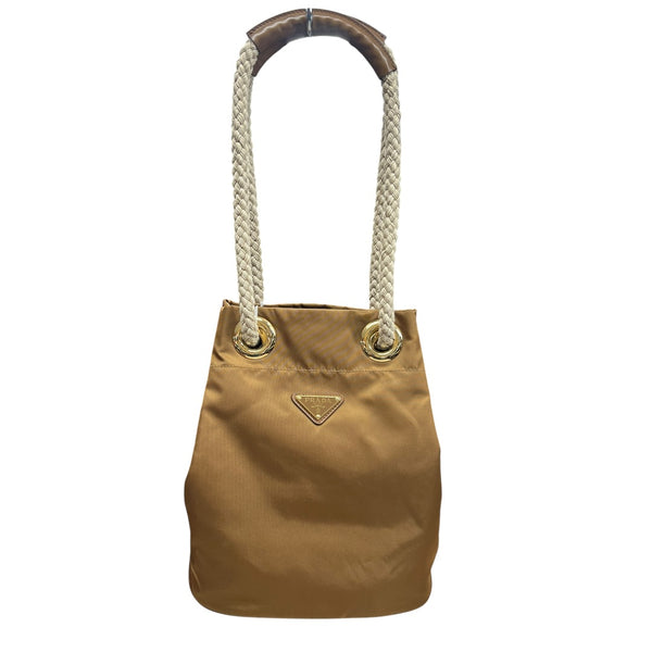 PRADA Tessuto Nylon Rope Handle Bucket Shoulder Bag Camel Gold Hardware PR179