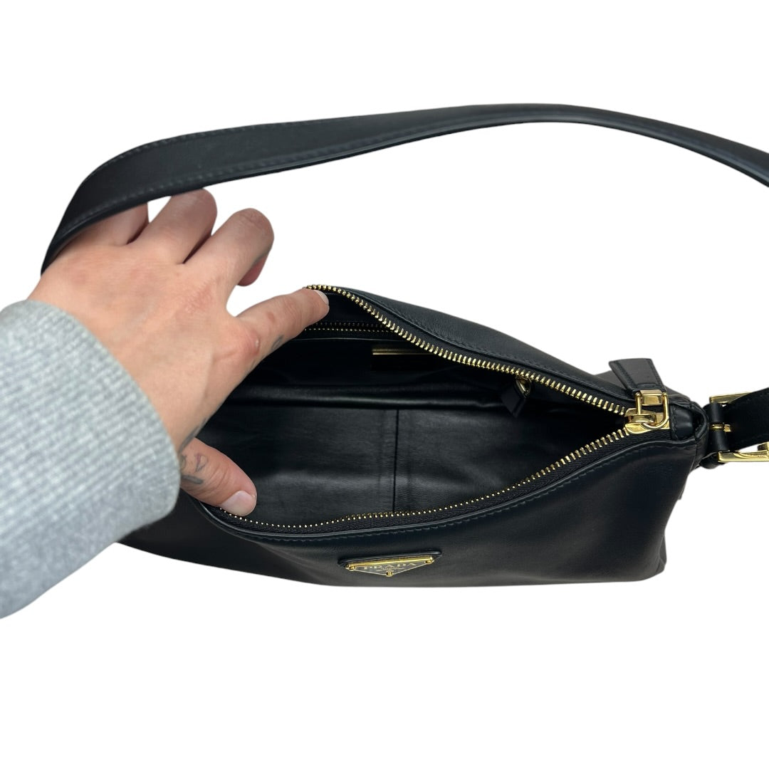 PRADA Smooth Leather Triangle Logo Hobo Shoulder Bag Black Gold Hardware PR182