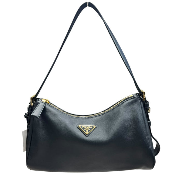 PRADA Smooth Leather Triangle Logo Hobo Shoulder Bag Black Gold Hardware PR182