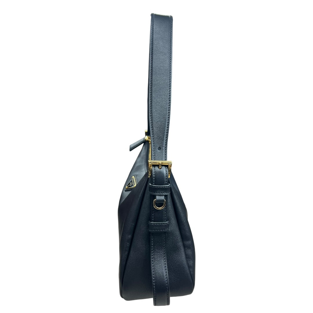 PRADA Smooth Leather Triangle Logo Hobo Shoulder Bag Black Gold Hardware PR182