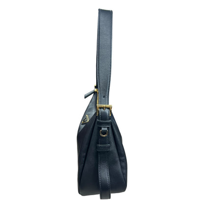 PRADA Smooth Leather Triangle Logo Hobo Shoulder Bag Black Gold Hardware PR182