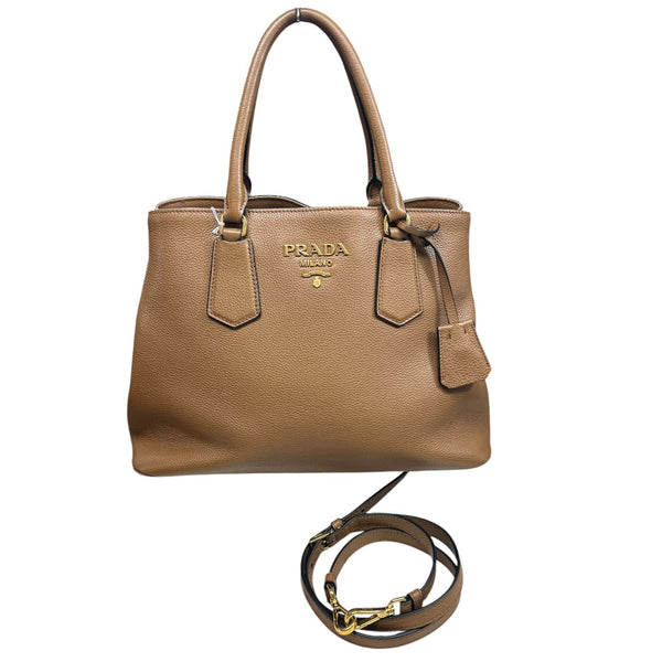 PRADA Vitello Daino Leather 2Way Tote Shoulder Bag Caramel Gold Hardware PR181