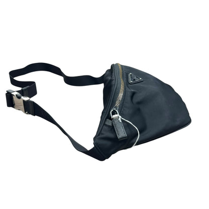 PRADA Tessuto Nylon Triangle Logo Belt Bag Crossbody Sling Black Silver Hardware PR180