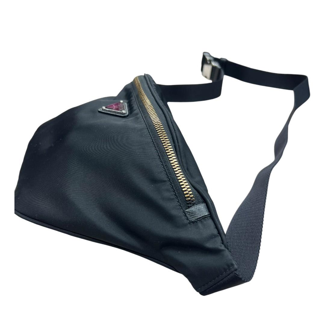 PRADA Tessuto Nylon Triangle Logo Belt Bag Crossbody Sling Black Silver Hardware PR180