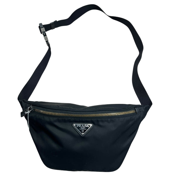 PRADA Tessuto Nylon Triangle Logo Belt Bag Crossbody Sling Black Silver Hardware PR180