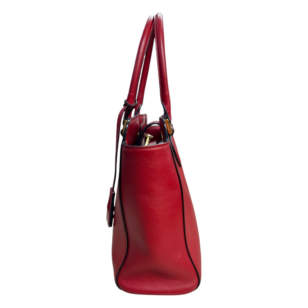 PRADA Saffiano Leather 2-Way Tote Handbag Red Gold Hardware PR186